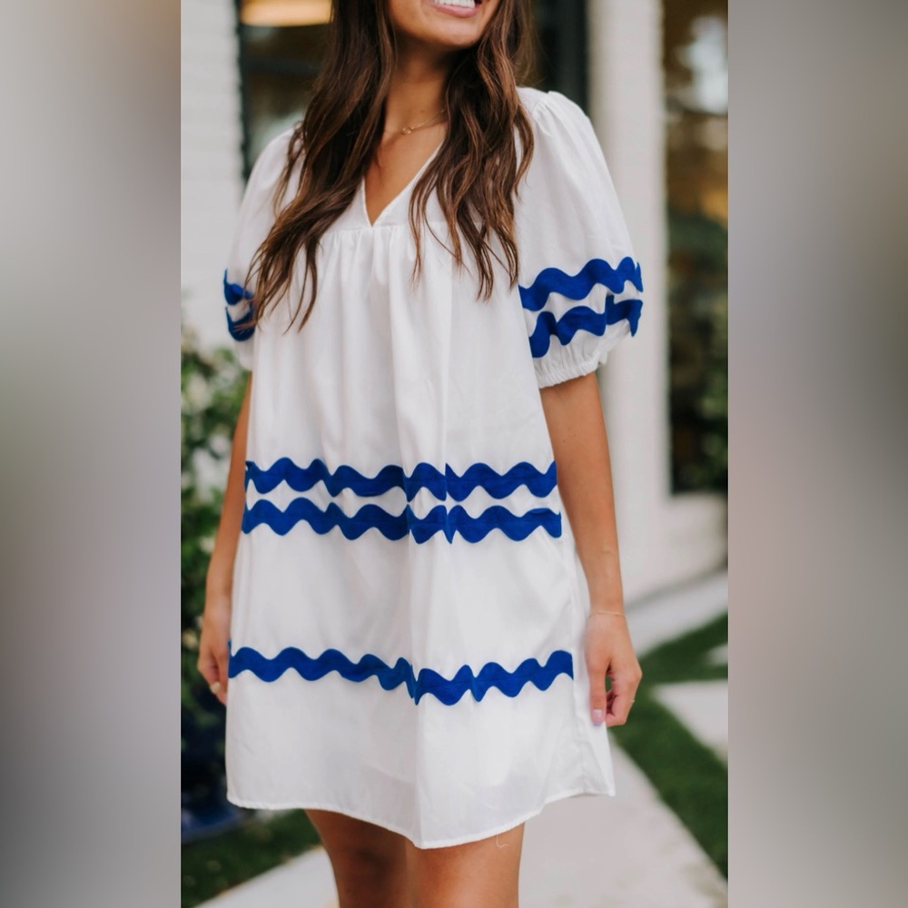 Entro White Mini Ric Rac Dress with Blue Wave Accents